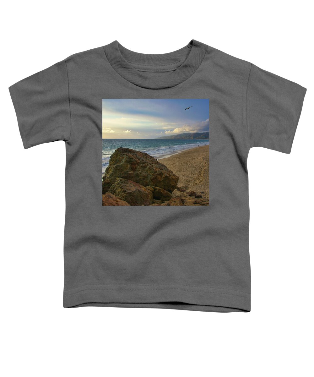Beach Toddler T-Shirt featuring the photograph Bird Soaring over Westward Beach in Malibu by Matthew DeGrushe