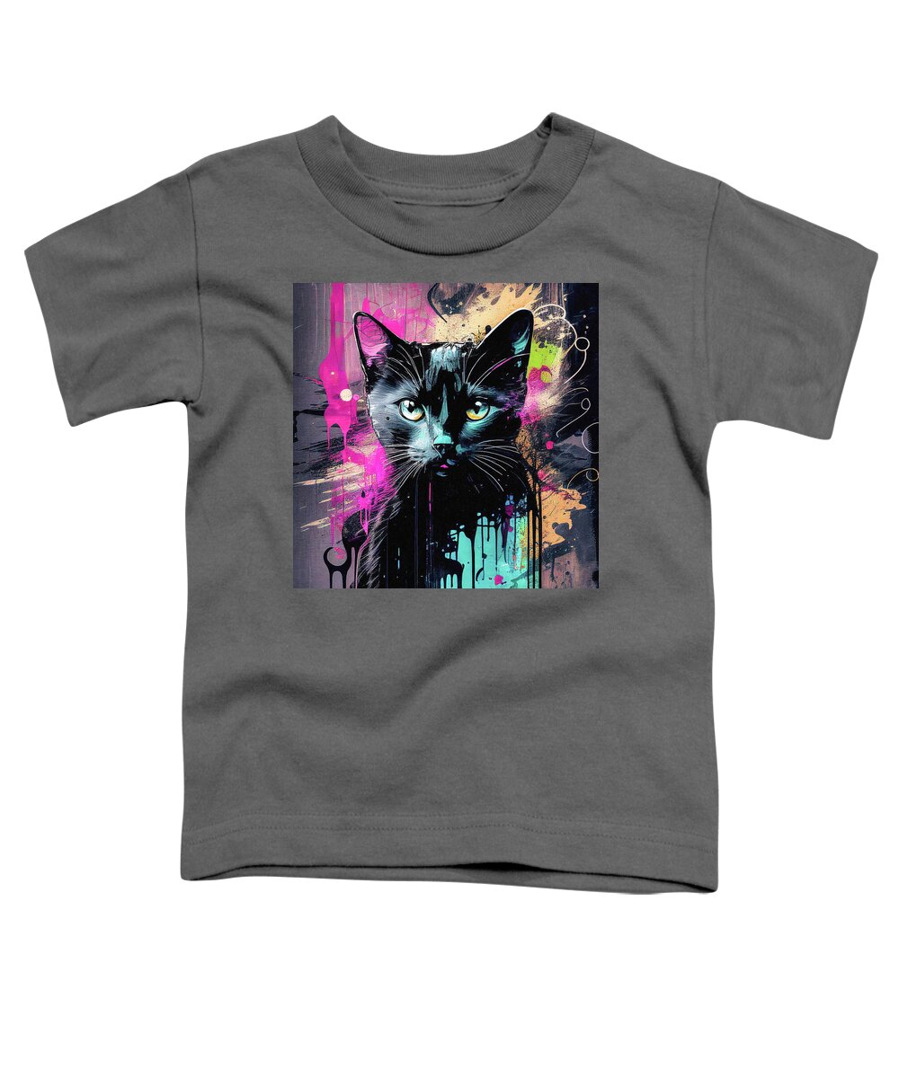 Cats Toddler T-Shirt featuring the digital art Black Cat - Colorful Graffiti Style by Mark Tisdale
