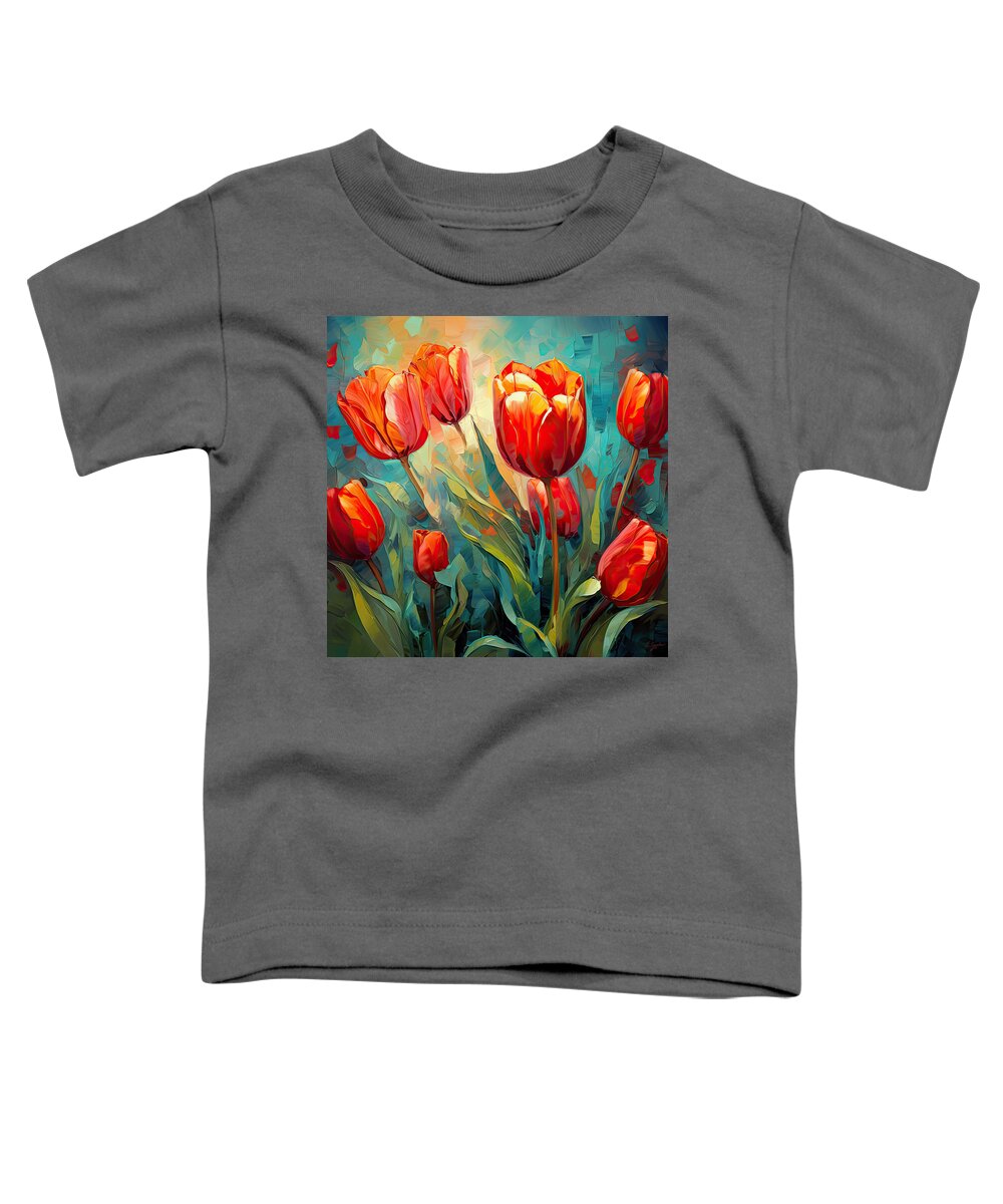 Red Tulips Toddler T-Shirt featuring the digital art Blaze of Orange and Red - Red and Orange Tulips by Lourry Legarde