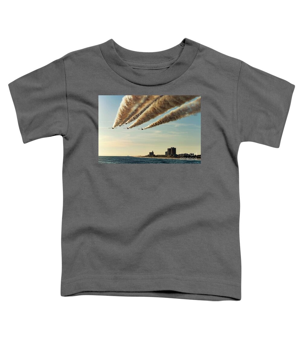 Blue Angels Toddler T-Shirt featuring the photograph Blue Angels over Pensacola Beach, Florida Pier by Beachtown Views