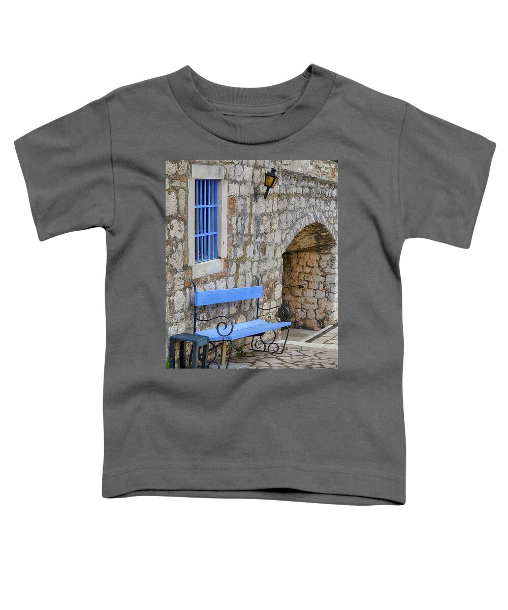 Adriatic Coast Toddler T-Shirt featuring the photograph Blue Bench by Eggers Photography