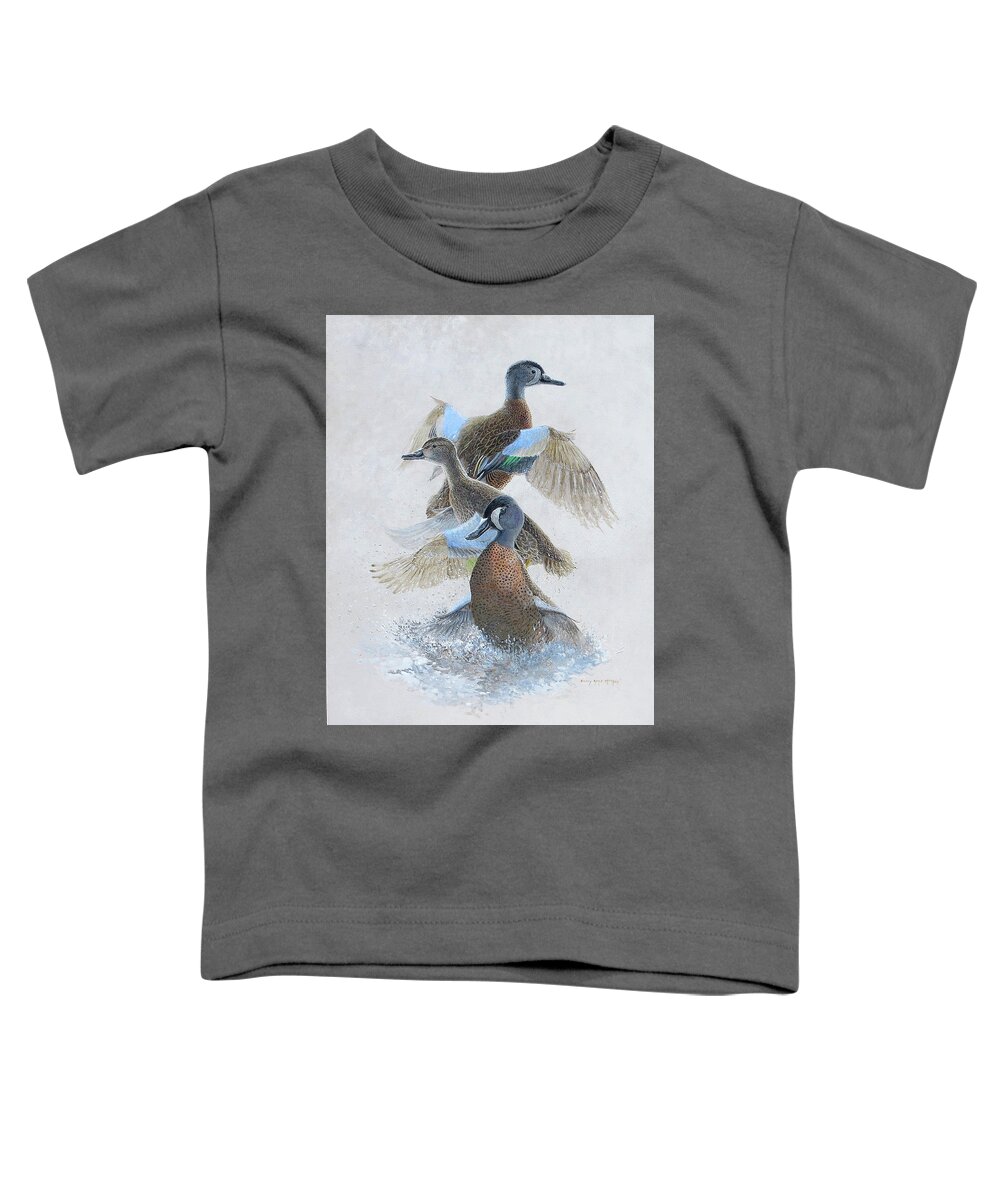 Birds Toddler T-Shirt featuring the painting Blue-winged Teal Taking Off by Barry Kent MacKay