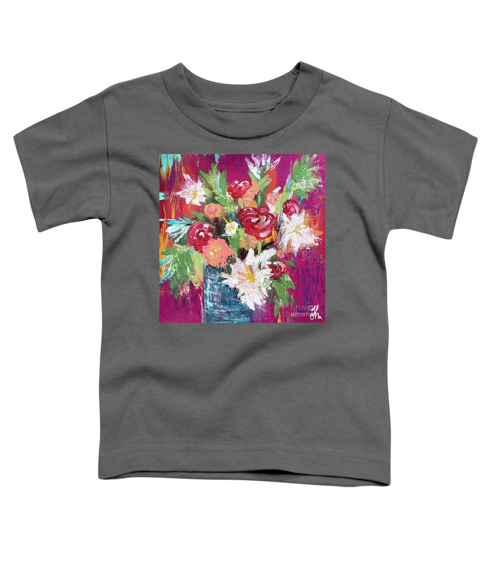 Pink Toddler T-Shirt featuring the painting Boho Rose Bouquet in Vase by Joanne Herrmann