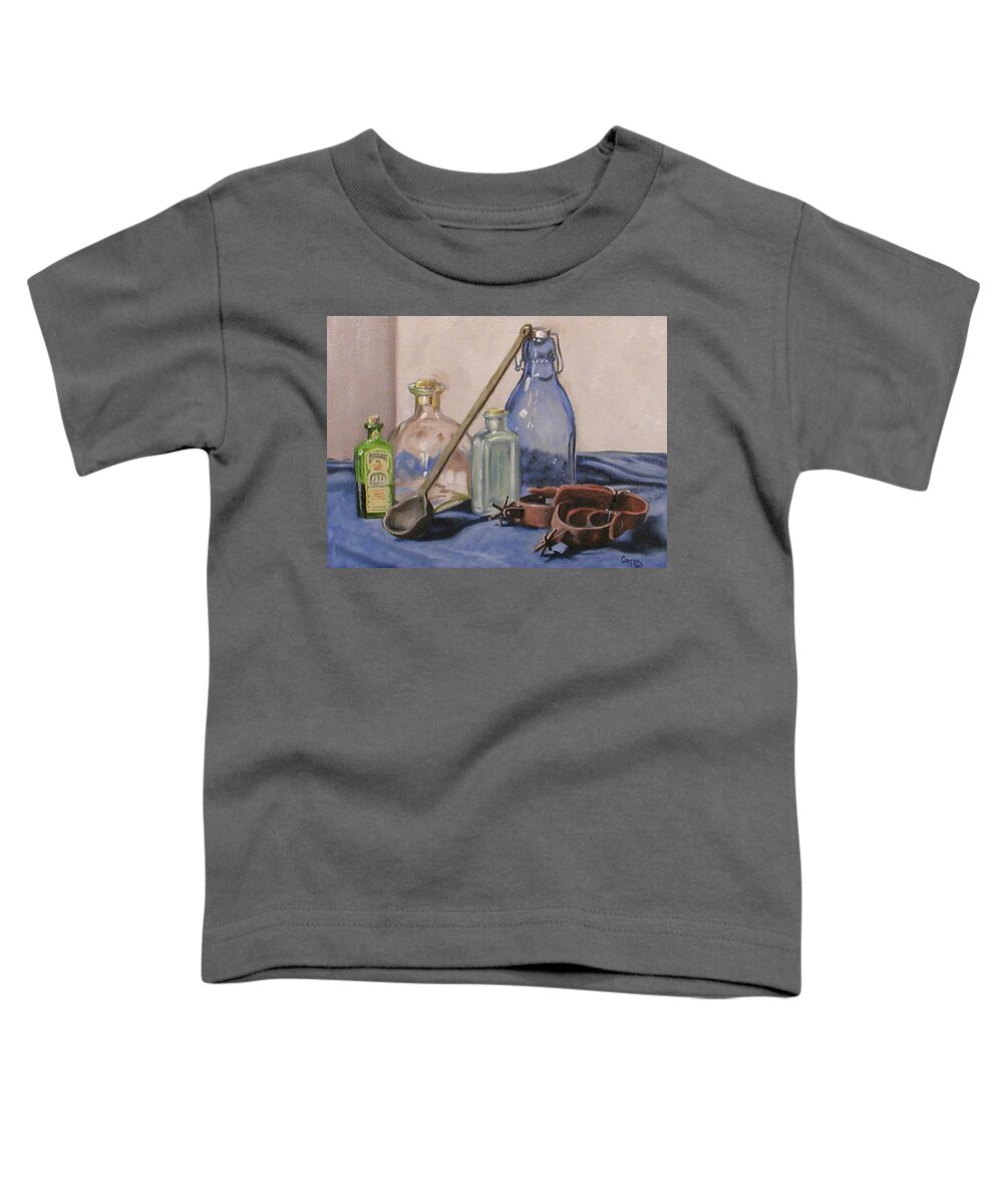Oil Painting Toddler T-Shirt featuring the painting Bottles and spurs by Todd Cooper