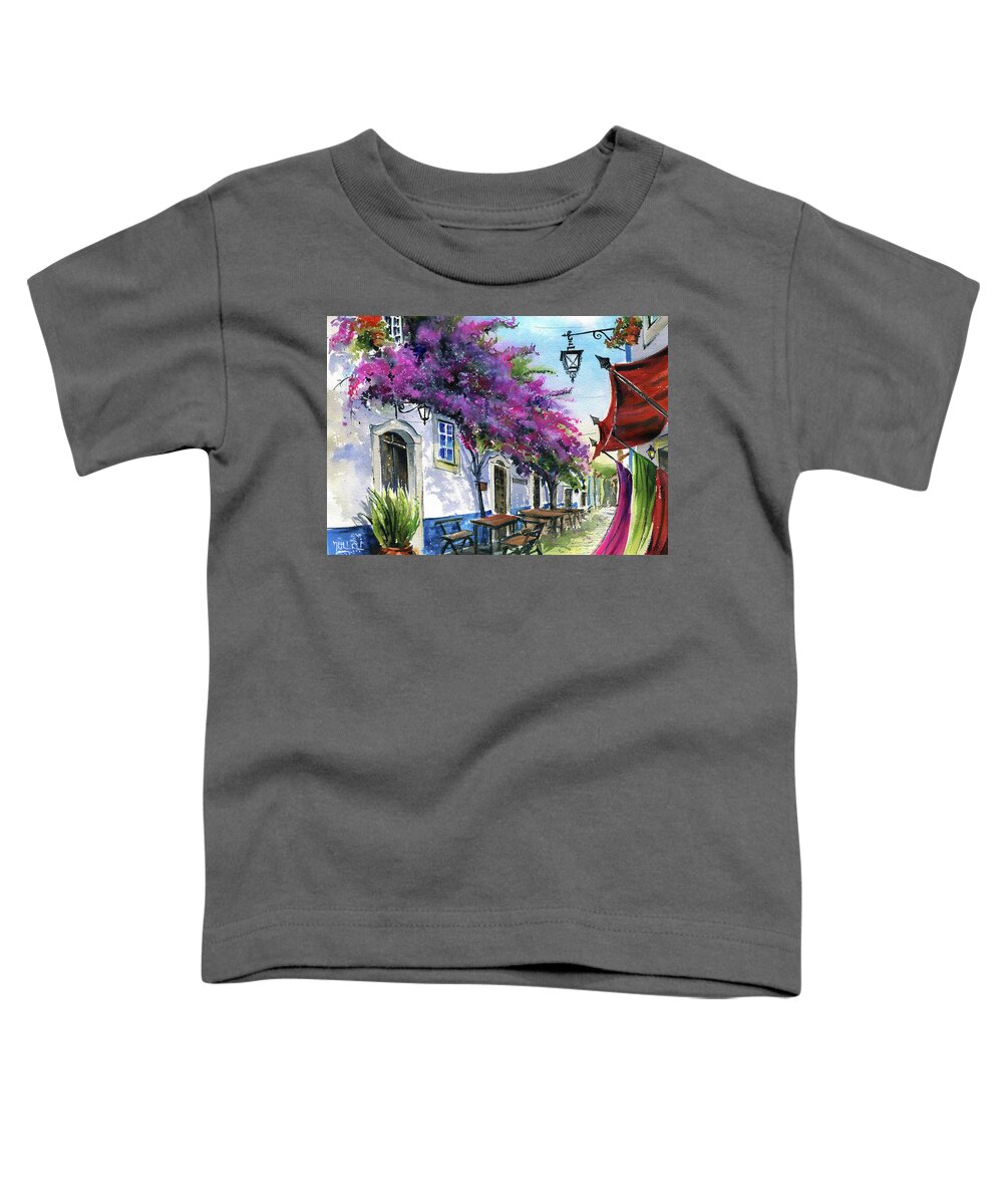 Obidos Toddler T-Shirt featuring the painting Bougainvillea in Obidos Portugal by Dora Hathazi Mendes