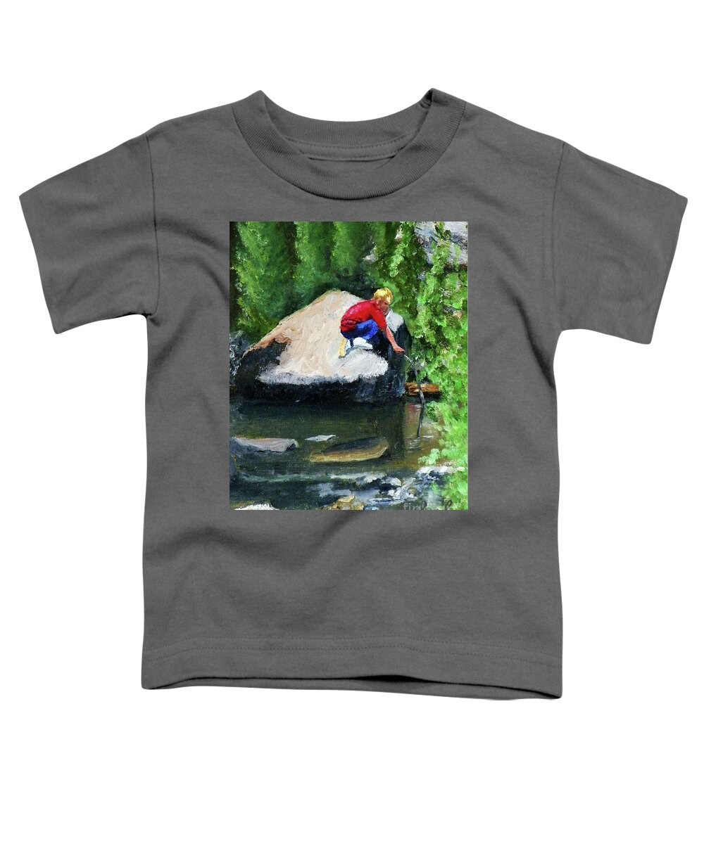 Sherril Porter Toddler T-Shirt featuring the painting Boy Playing in the Creek by Sherril Porter
