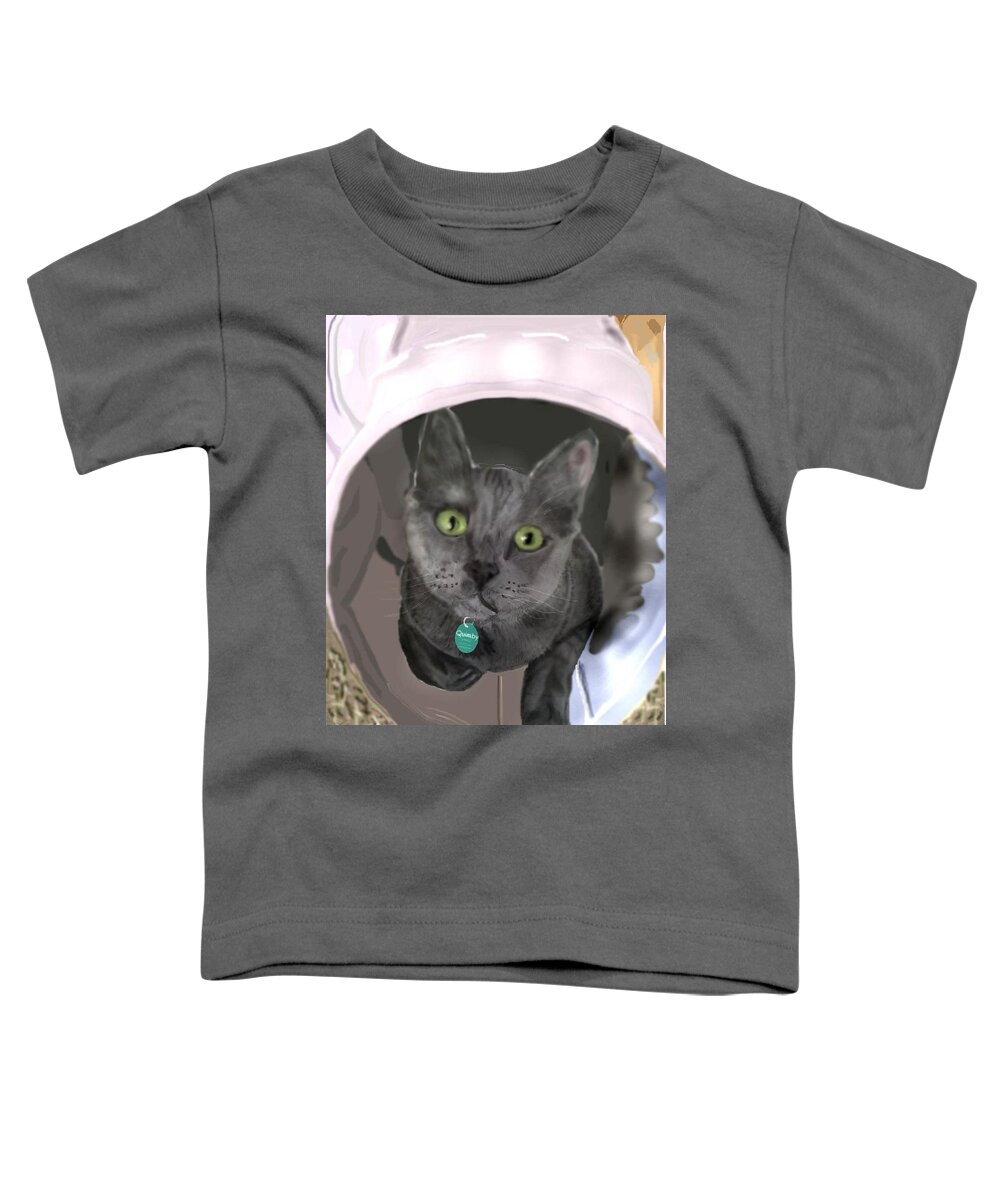 Grey Cat Cat In Tunnel Pencil Sketch Digitally Enhanced Toddler T-Shirt featuring the mixed media Bright eyes by Pamela Calhoun
