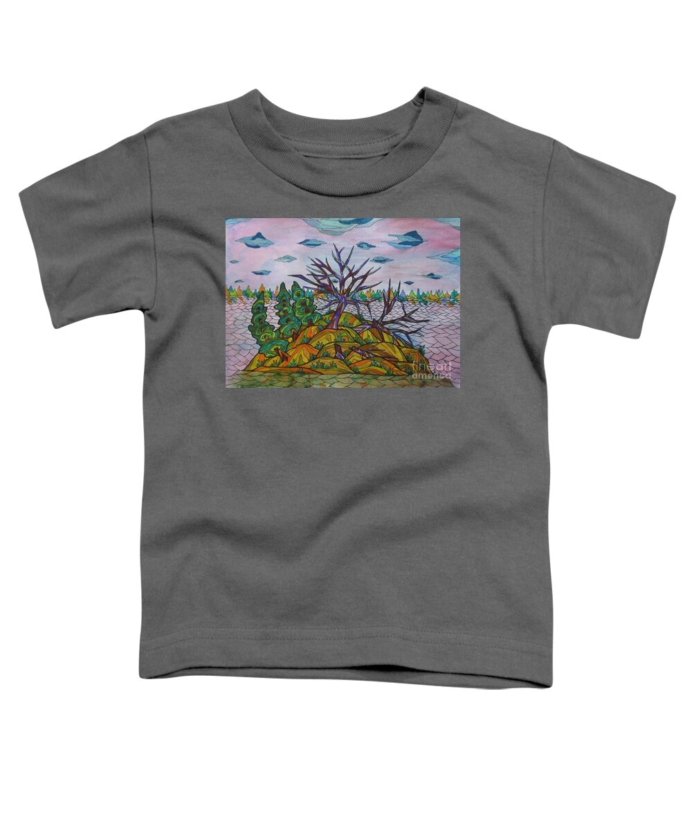 Island Trees Landscape Abstract Yellow Pillow Cushion Mask Ontario Canada Group Of 7 Decor Decrotive Office Toddler T-Shirt featuring the mixed media Broken Tree Island by Bradley Boug