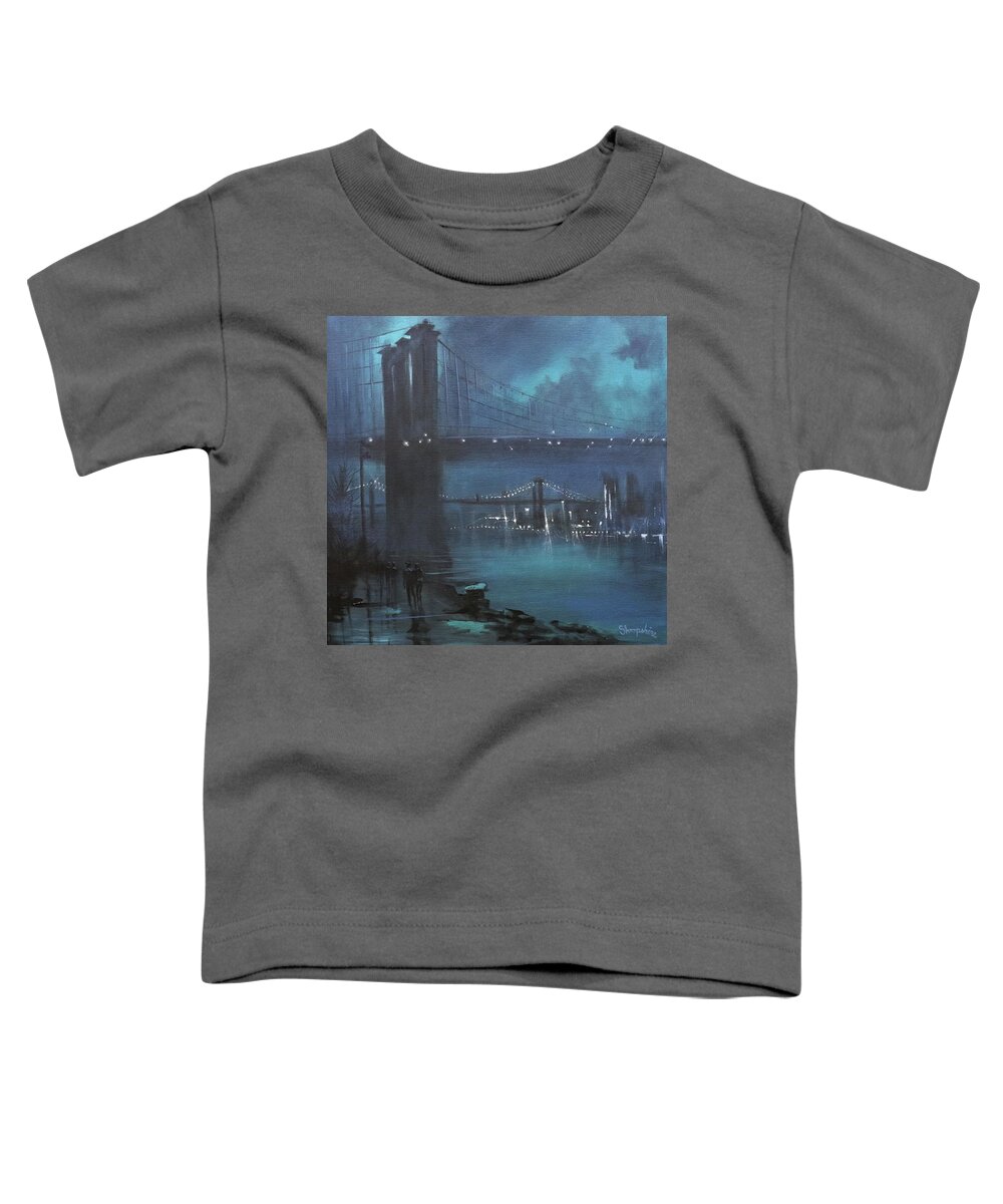 Brooklyn Bridge Toddler T-Shirt featuring the painting Brooklyn Bridge In Fog by Tom Shropshire