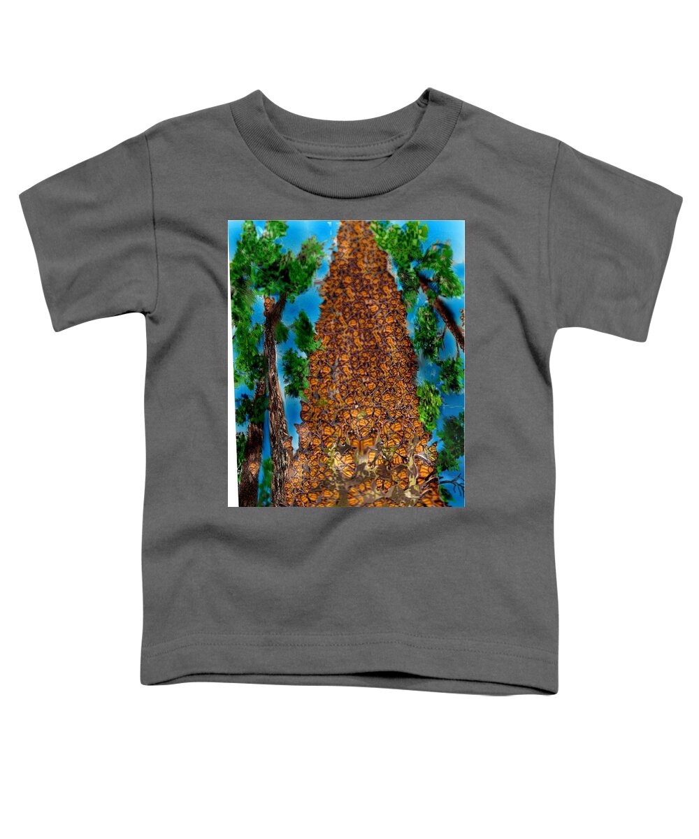 Sketch With Pencil Colored Digitally Oyamel Tree Butterfly Tree Toddler T-Shirt featuring the mixed media Butterfly Haven by Pamela Calhoun
