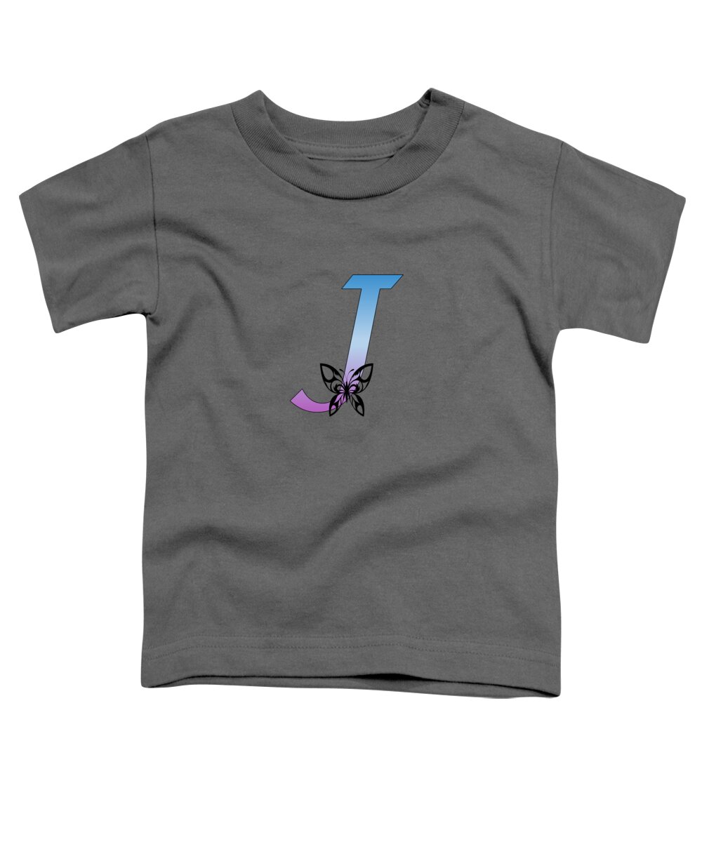 Monogram Toddler T-Shirt featuring the digital art Butterfly Silhouette on Monogram Letter J Gradient Blue Purple by Ali Baucom