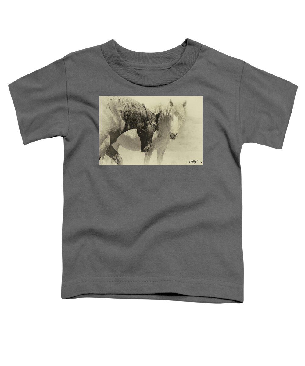 Mustang Toddler T-Shirt featuring the photograph Camaraderie Sepia by Meg Leaf