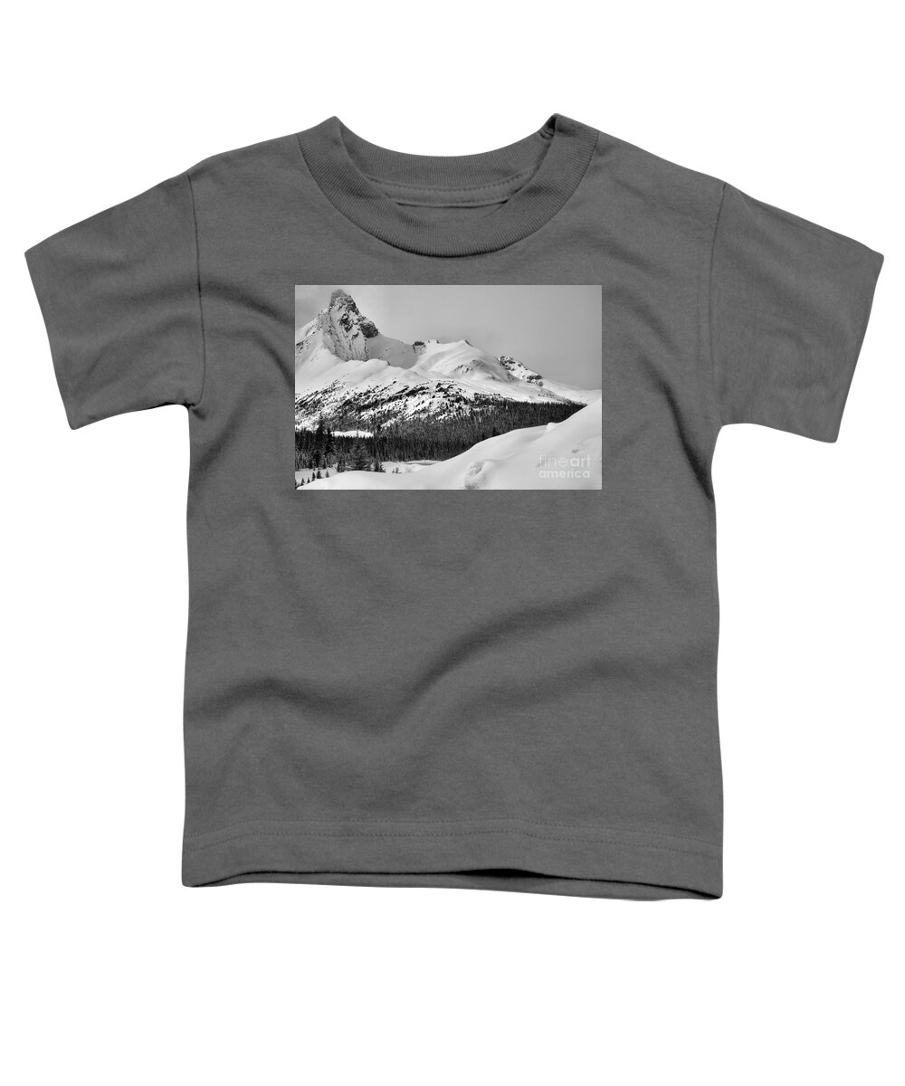 Canadian Toddler T-Shirt featuring the photograph Canadian Rockies Winter Peak Black And White by Adam Jewell