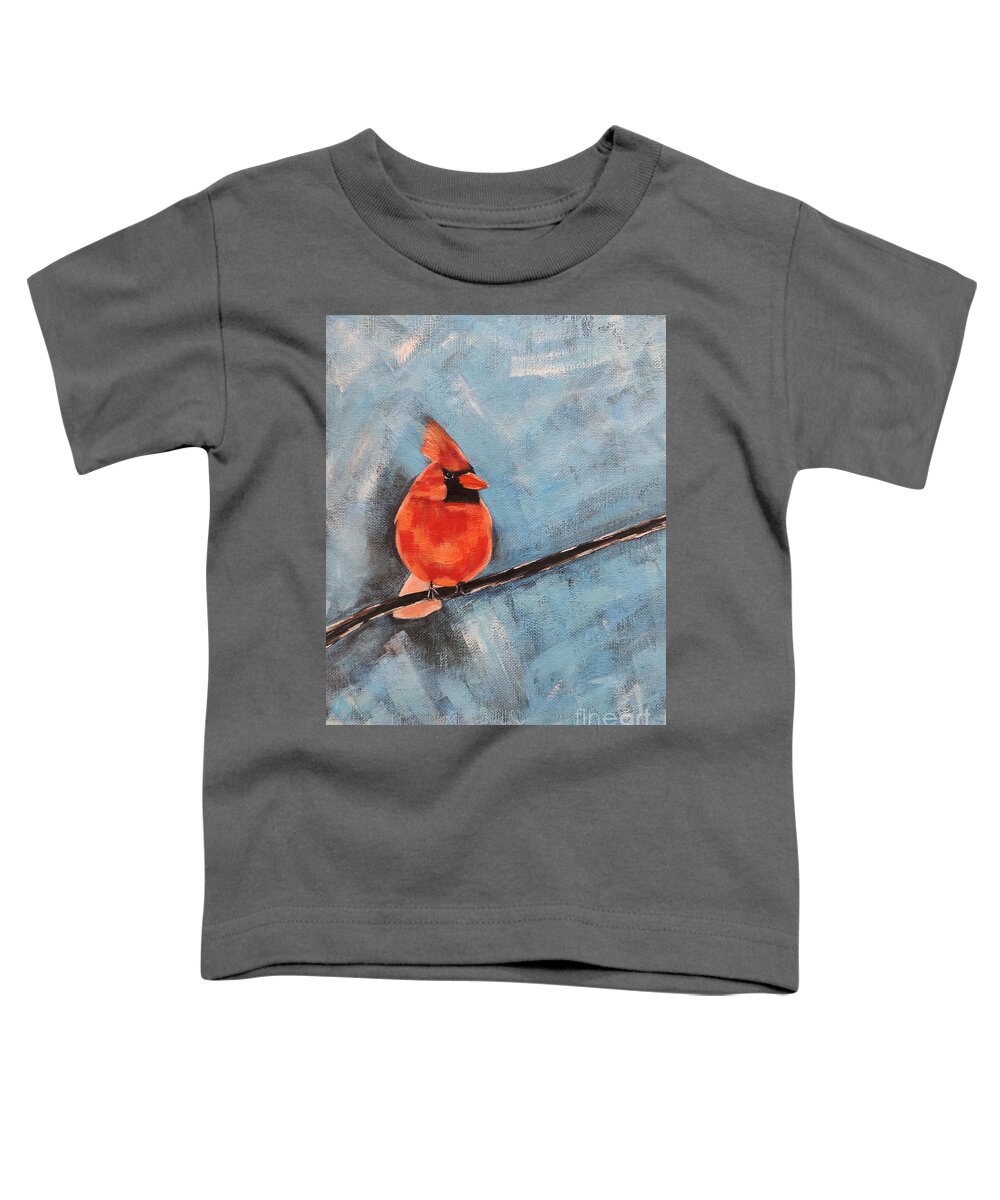 Cardinal Toddler T-Shirt featuring the painting Cardinal on a Branch by Lisa Dionne