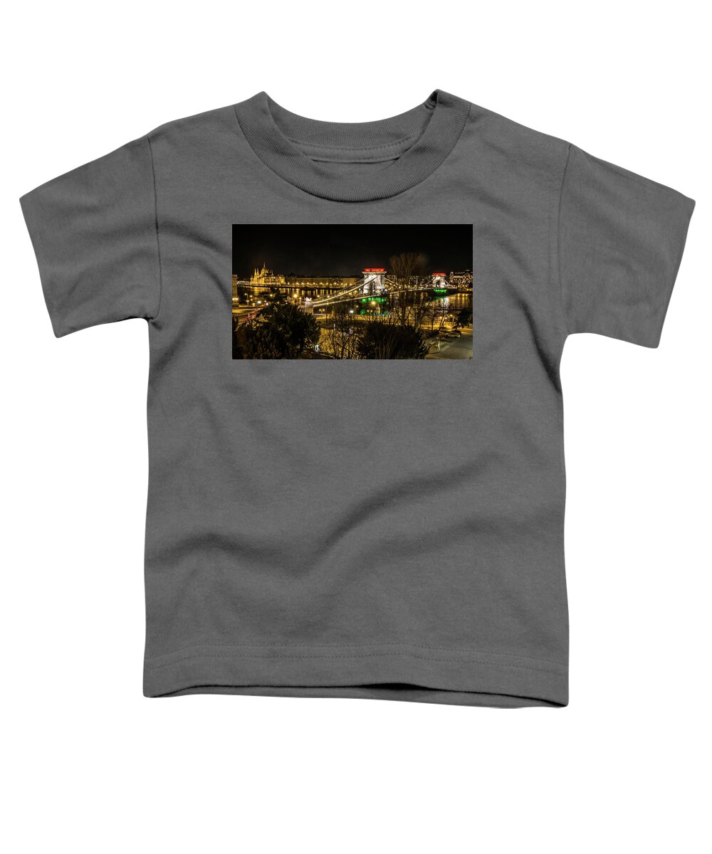 Budapest Toddler T-Shirt featuring the photograph Chain Bridge lit up as the Hungarian Flag in Budapest by Tito Slack