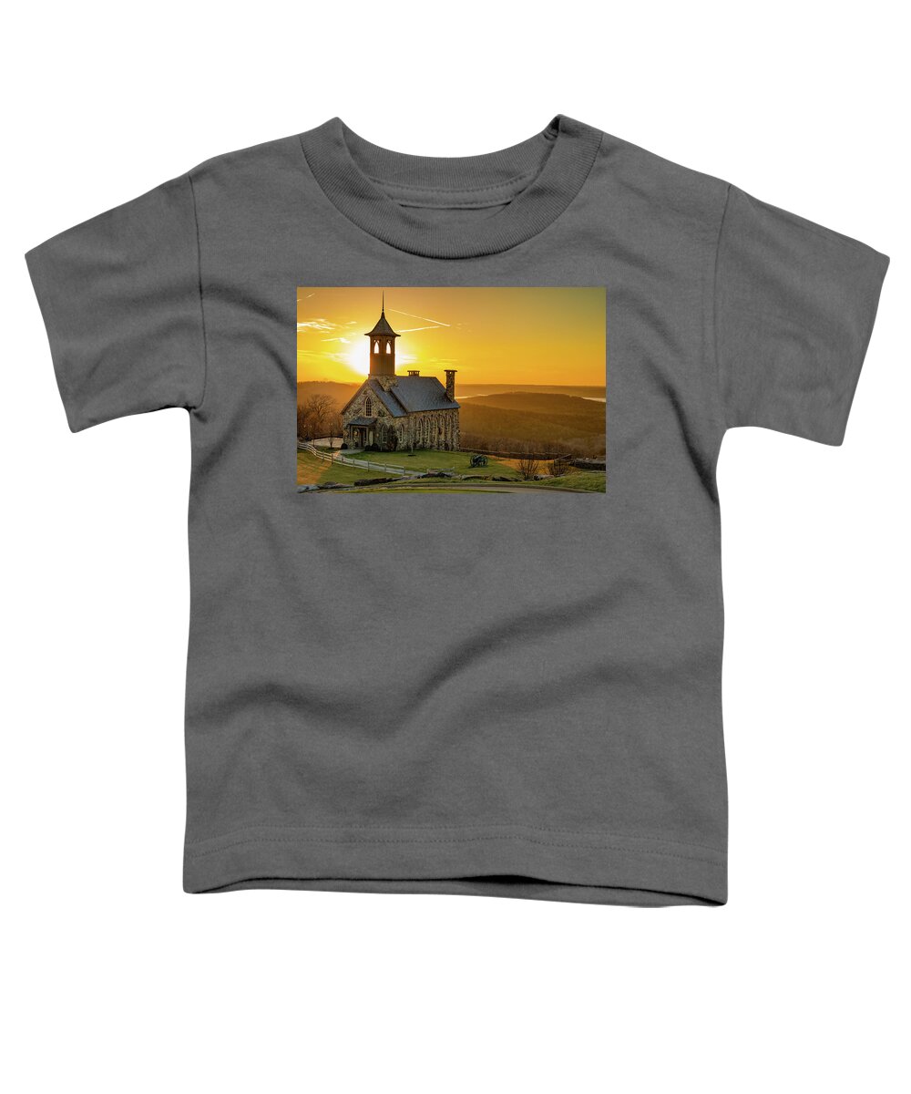 Chapel Of Ozarks Toddler T-Shirt featuring the photograph Chapel of the Ozarks Golden Sunset at Top of the Rock by Gregory Ballos