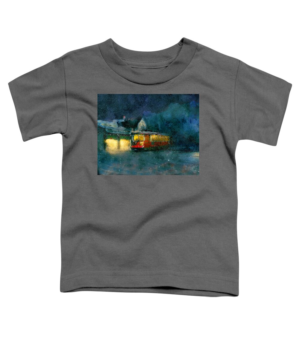 Historic Toddler T-Shirt featuring the painting Chicago Trolley - Milwaukee and Devon turnaround in the Snow by Glenn Galen