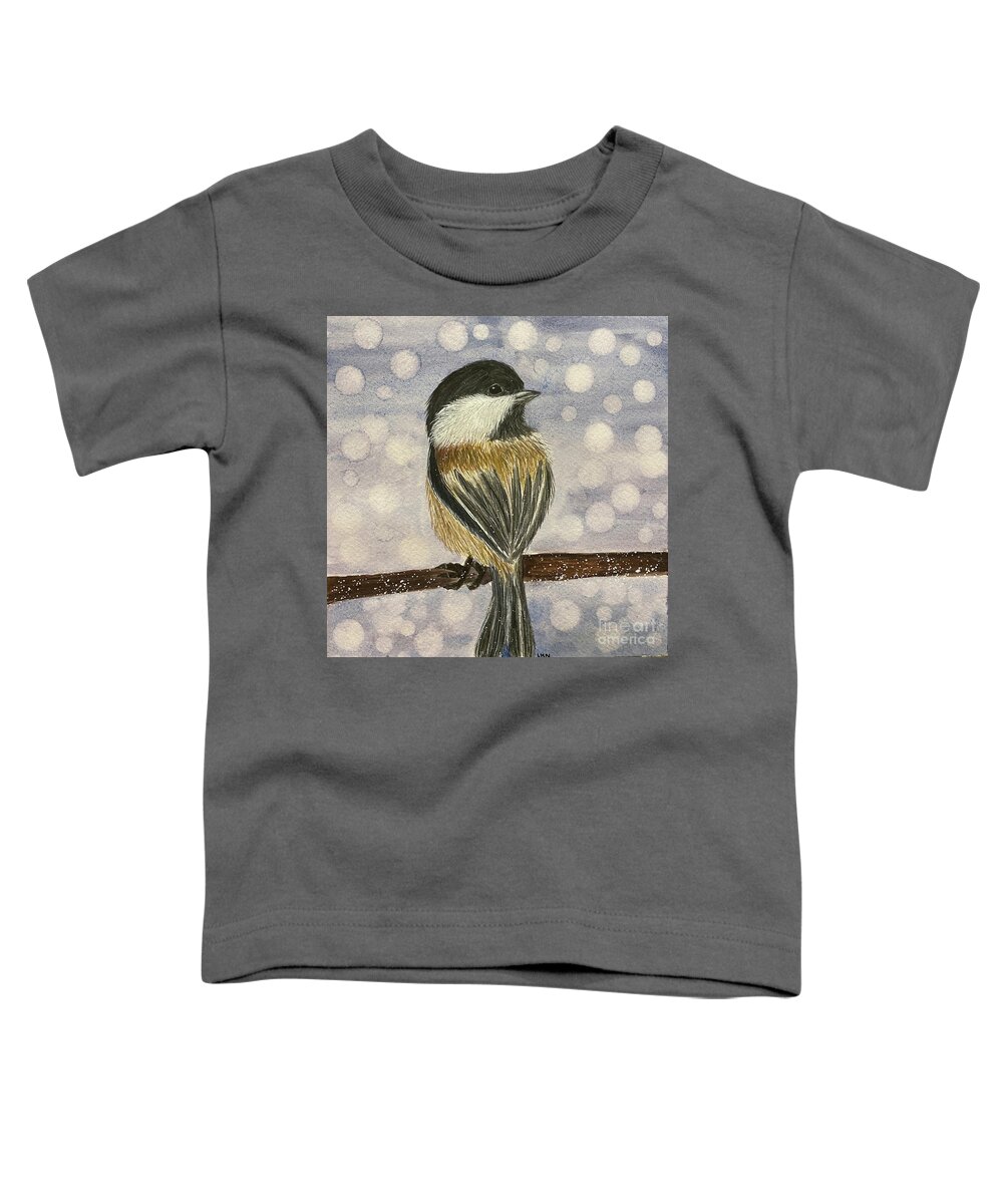 Chickadee Toddler T-Shirt featuring the painting Chickadee In Snow by Lisa Neuman