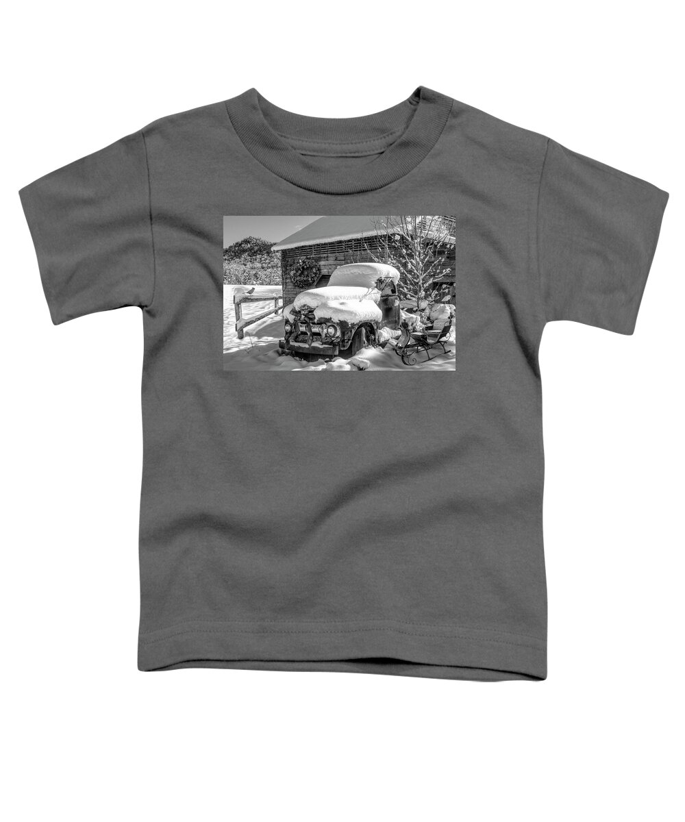Barns Toddler T-Shirt featuring the photograph Christmas Cardinals Black and White by Debra and Dave Vanderlaan