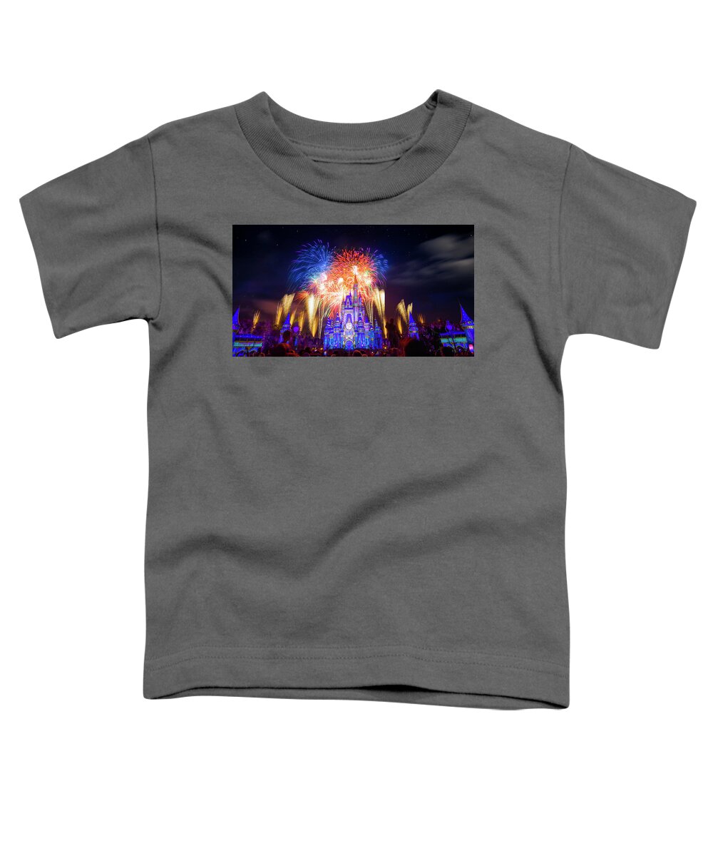 Magic Kingdom Toddler T-Shirt featuring the photograph Cinderella Castle Fireworks Panorama by Mark Andrew Thomas