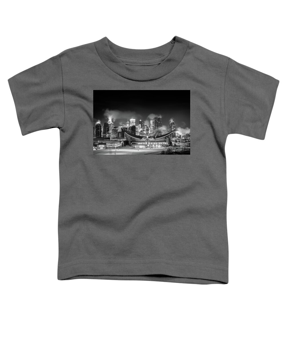 Fine Art America Toddler T-Shirt featuring the photograph Calgary Saddledome - Black and White during winter by Yves Gagnon