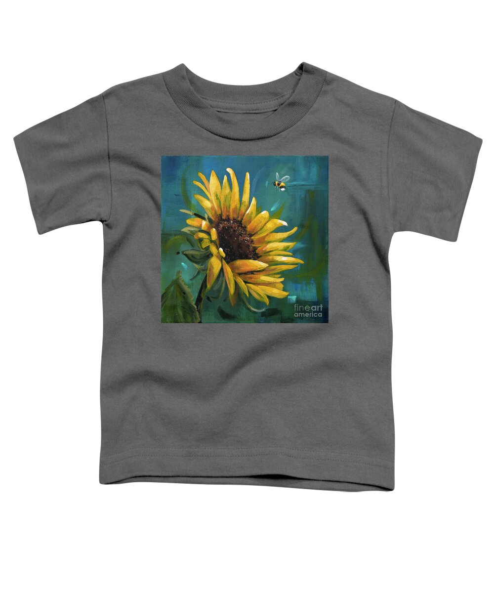 Summer Toddler T-Shirt featuring the painting Cleared for Landing - Sunflower painting by Annie Troe