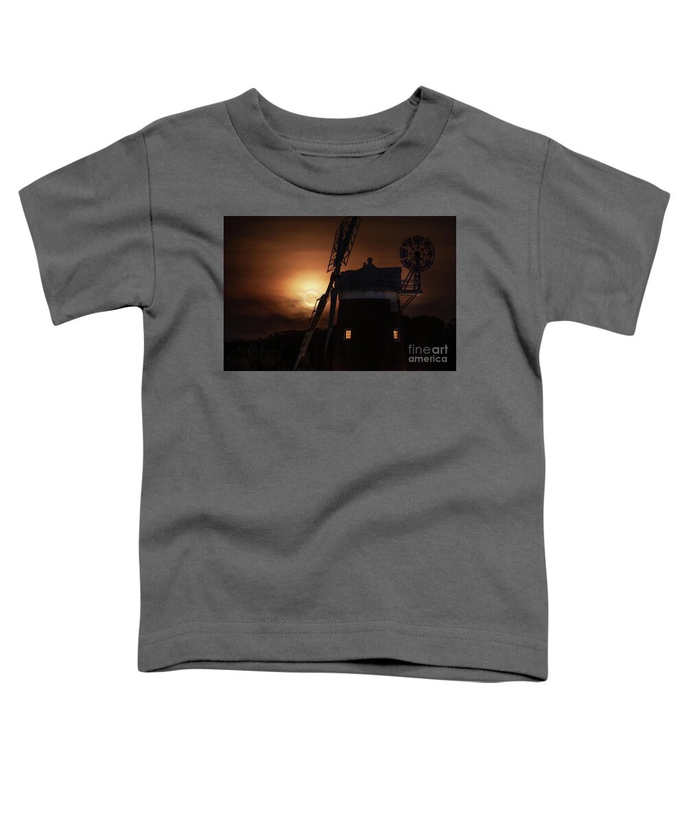 Cley Toddler T-Shirt featuring the photograph Cley windmill and harvest moon at night in Norfolk by Simon Bratt