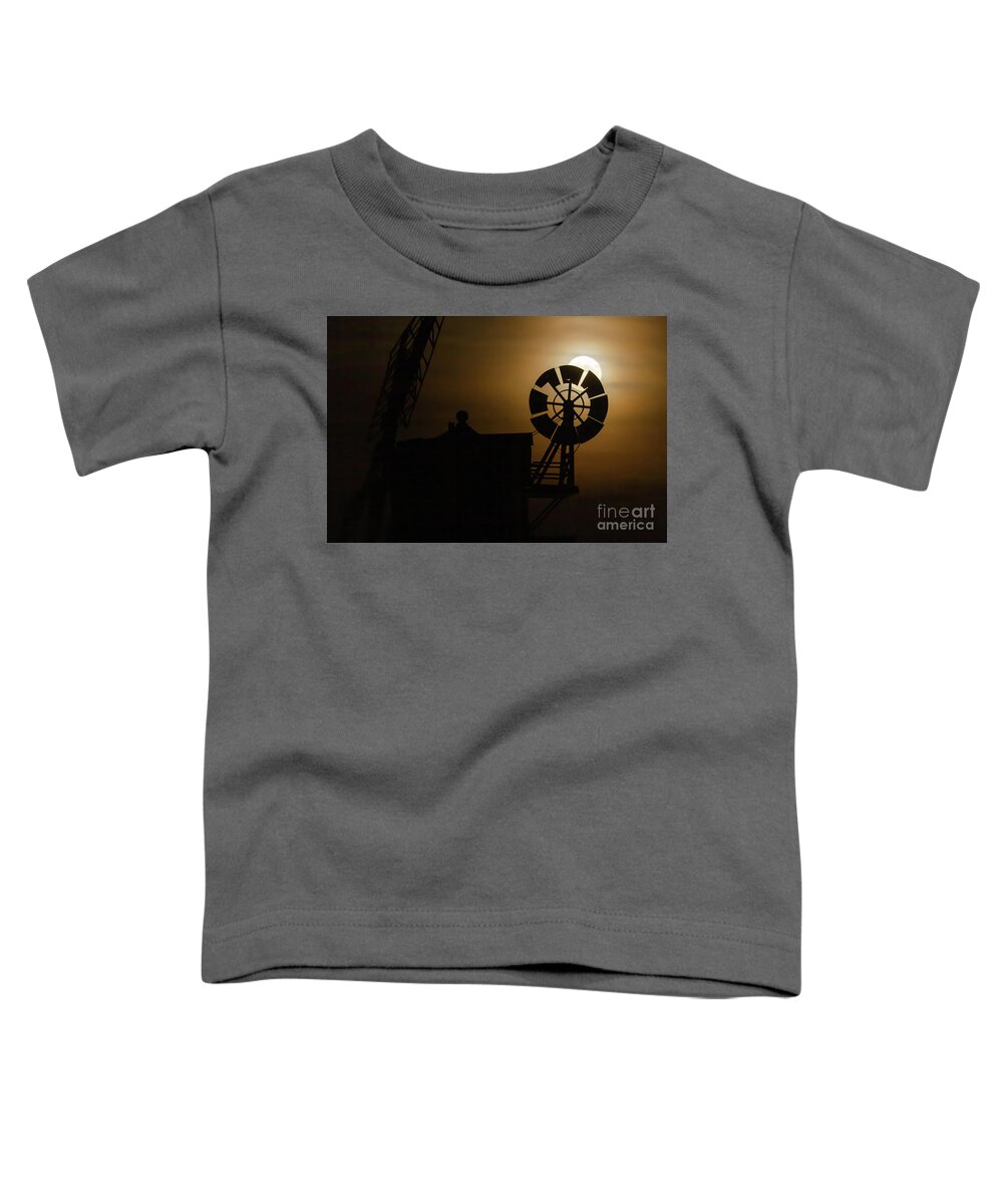 Cley Toddler T-Shirt featuring the photograph Cley windmill silhouette with full moon fantail by Simon Bratt