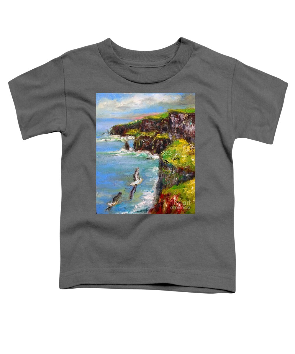 Cliffs Of Moher Ireland Toddler T-Shirt featuring the painting Cliffs of moher panoramic by Mary Cahalan Lee - aka PIXI