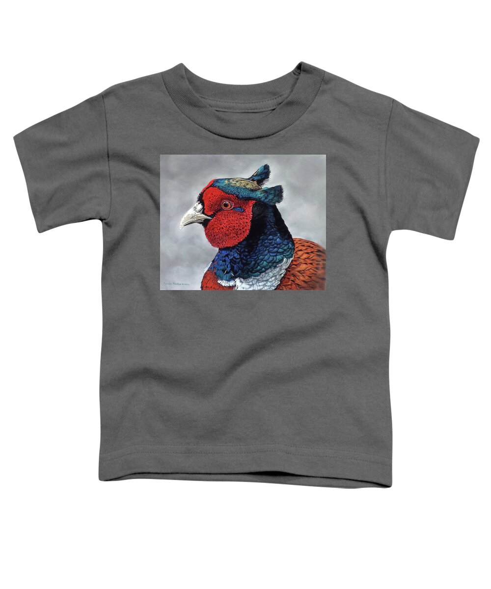 Pheasant Toddler T-Shirt featuring the painting Cocky by Linda Becker