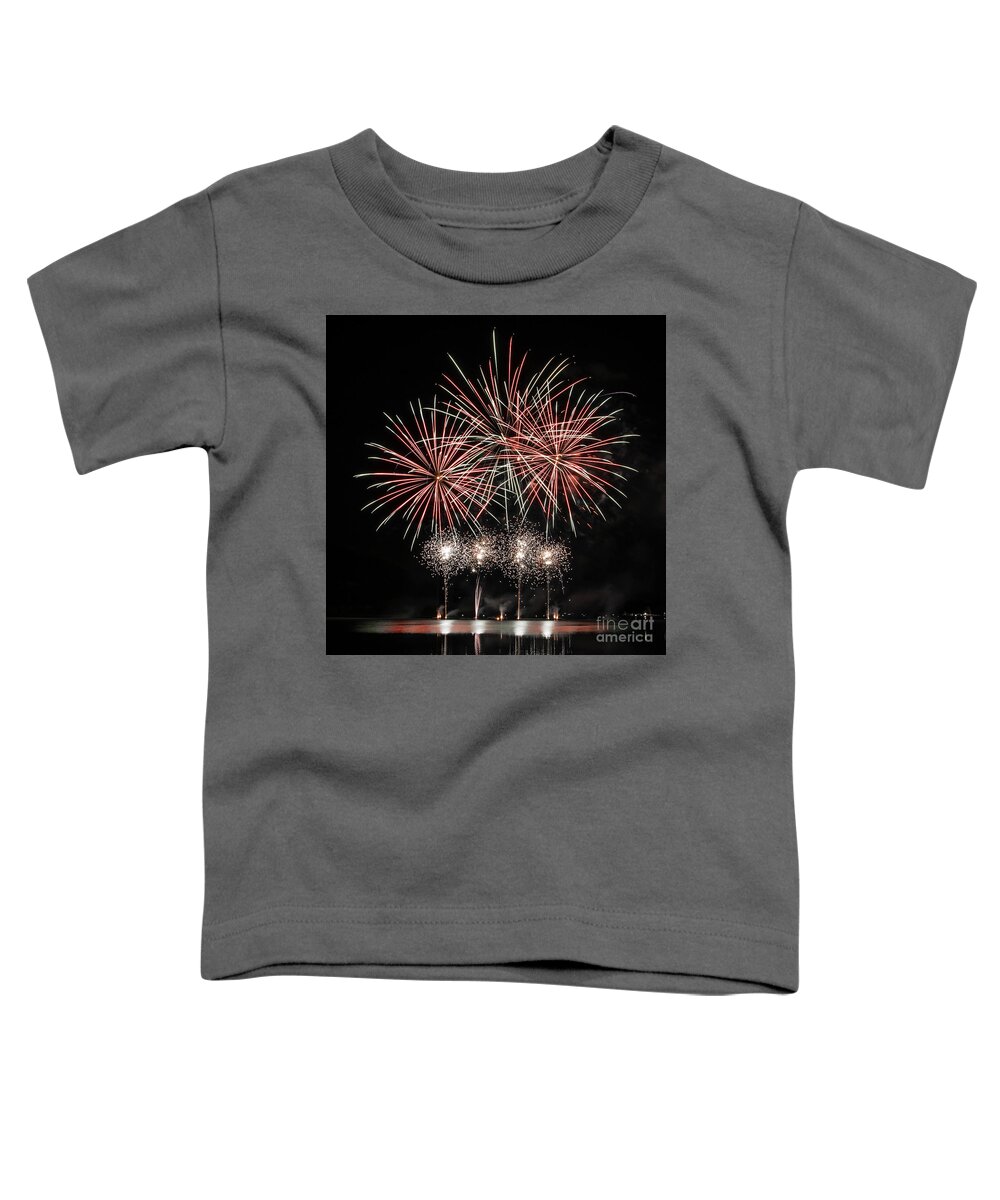 Firework Toddler T-Shirt featuring the photograph Colorful fireworks on river with water reflections by Gregory DUBUS