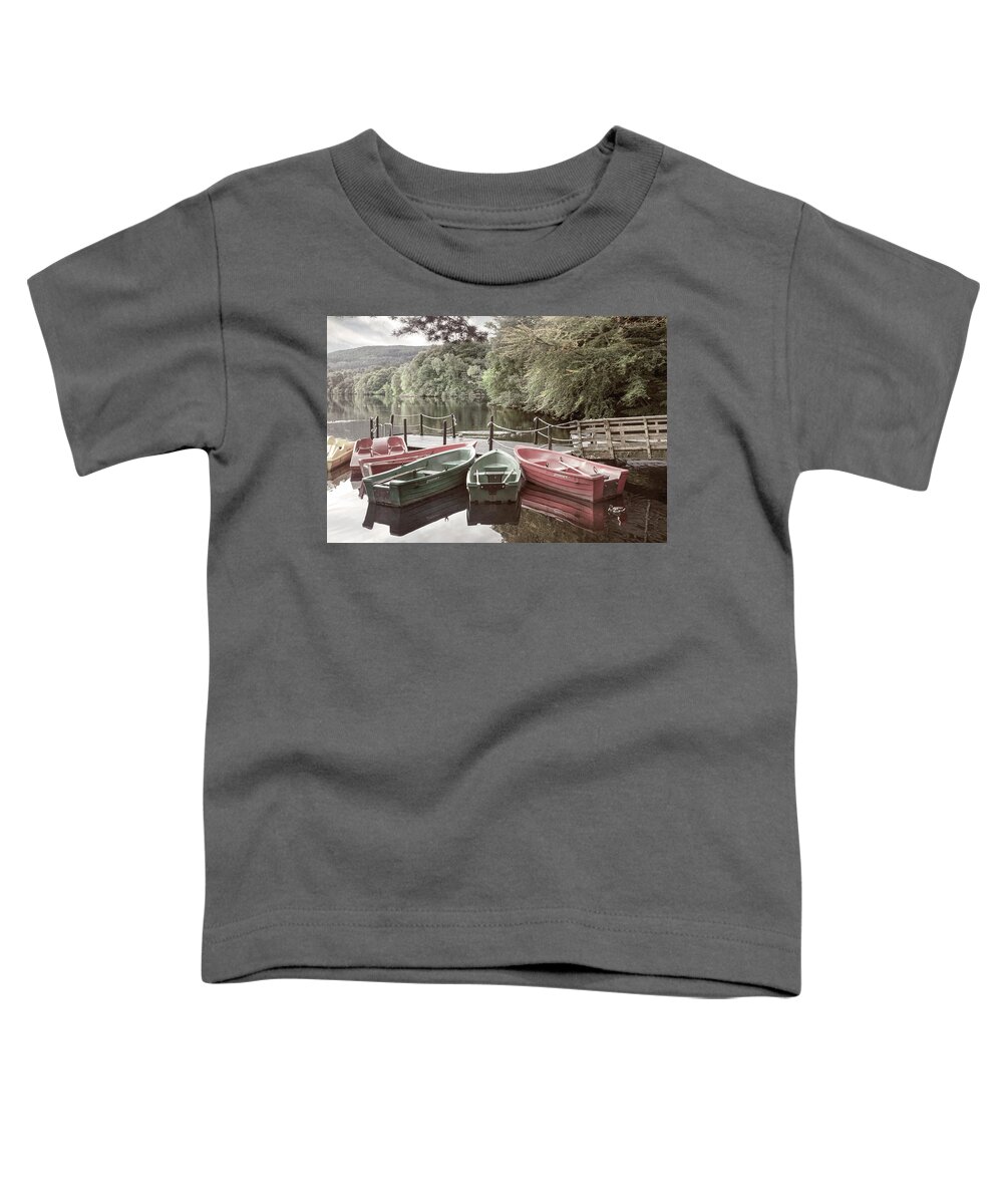 Boats Toddler T-Shirt featuring the photograph Colorful Rowboats in the Misty Lake by Debra and Dave Vanderlaan