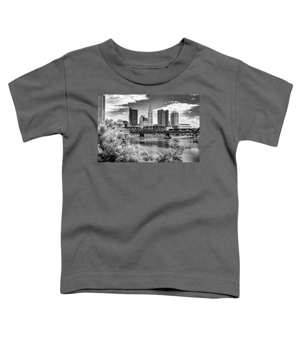 Columbus Skyline Toddler T-Shirt featuring the photograph Columbus Ohio Skyline From North Bank Park in Black and White by Gregory Ballos