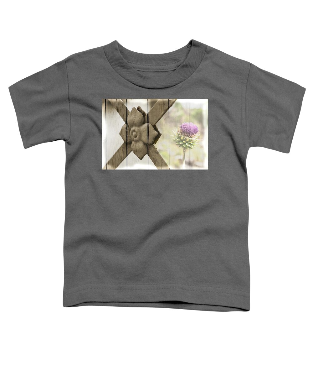 Beauty Toddler T-Shirt featuring the photograph Composite image of wroght iron and thisile on wood background. by Kyle Lee