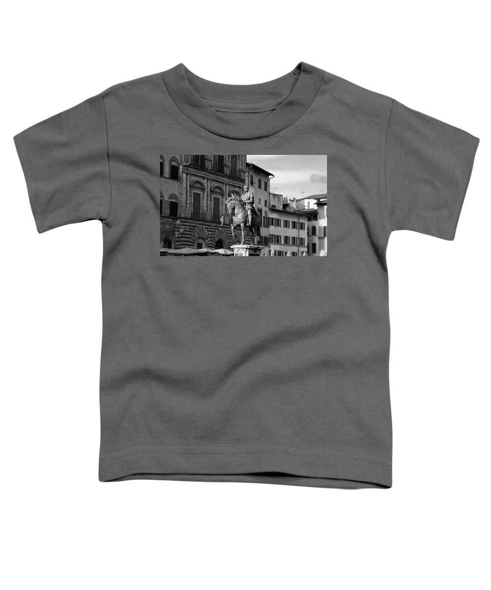 Florence Toddler T-Shirt featuring the photograph Cosimo I Bronze Equestrian Monument Piazza Della Signoria Florence Italy Black and White by Shawn O'Brien