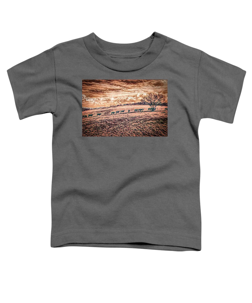 North Carolina Toddler T-Shirt featuring the painting Cows on a Hill ap by Dan Carmichael