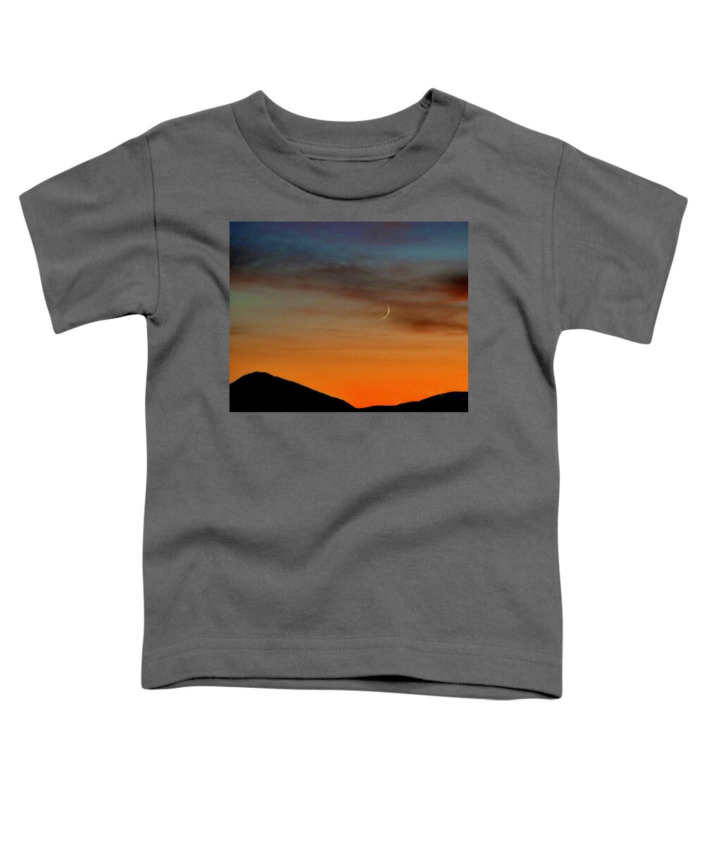 Moon Toddler T-Shirt featuring the photograph Crescent Moon at Sunset by Sarah Lilja