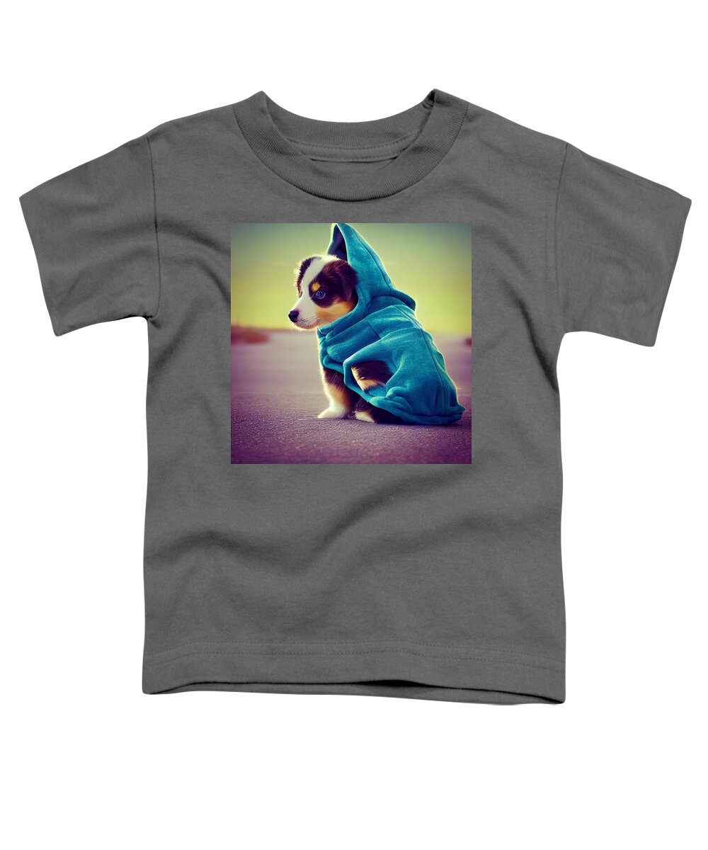 Design Toddler T-Shirt featuring the painting Cute Australian Shepard Puppy In A Shark Hoodie A416441c C1a2 4b6f A676 C816c474f6de by MotionAge Designs