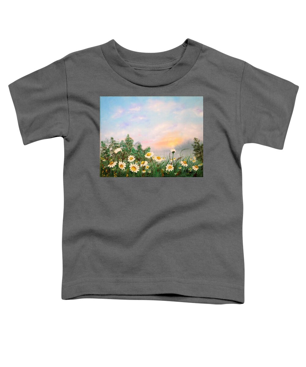 Wall Art Daisies Sunrise Landscape Small Flowers White Daisies Oil Painting Original Art Picture Wall Art Painting Art For The Living Room Office Decor Gift Idea For Him Toddler T-Shirt featuring the painting Daisies by Tanya Harr
