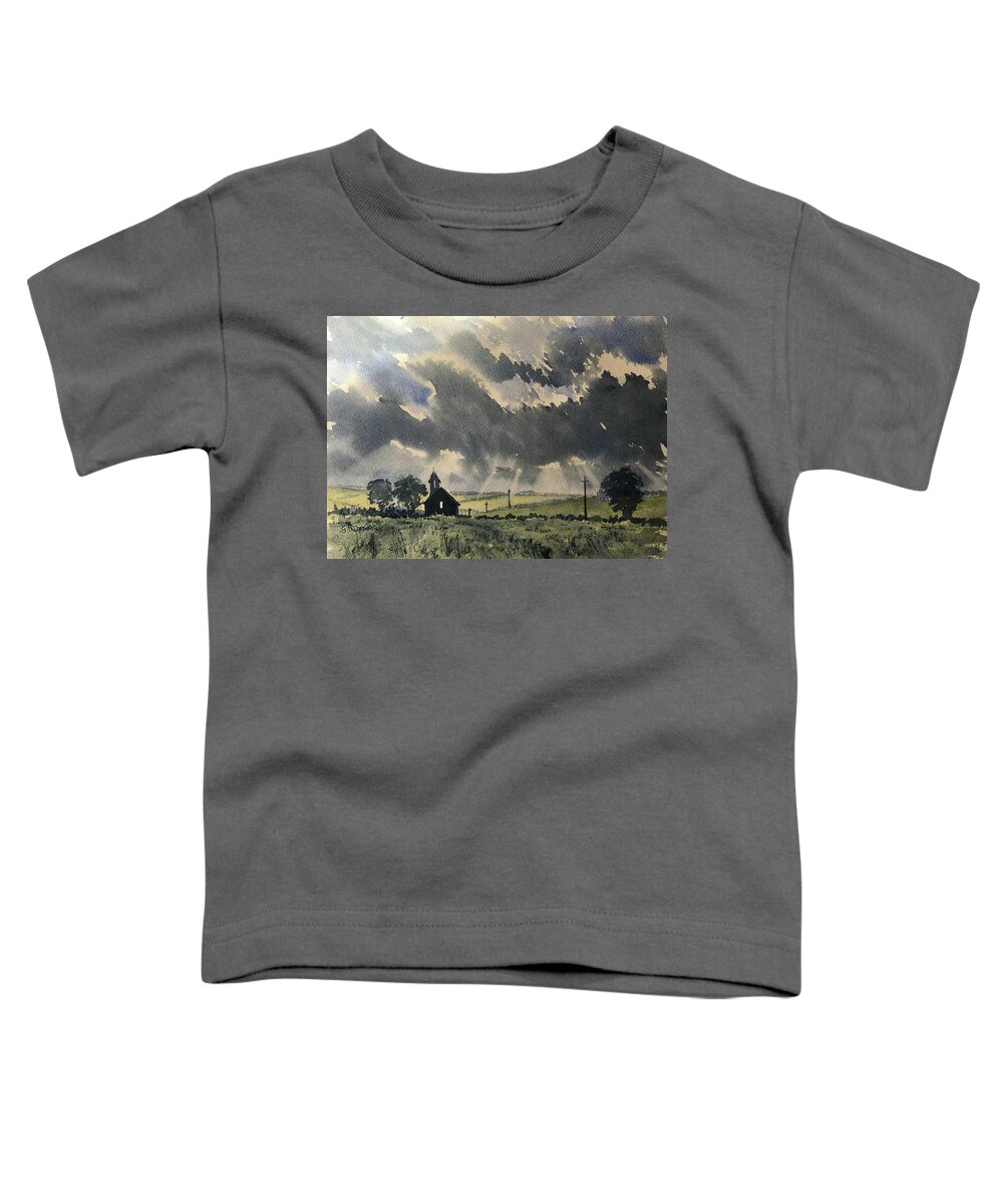 Watercolour Toddler T-Shirt featuring the painting Dark Clouds over Abandoned Chapel in Cottam by Glenn Marshall