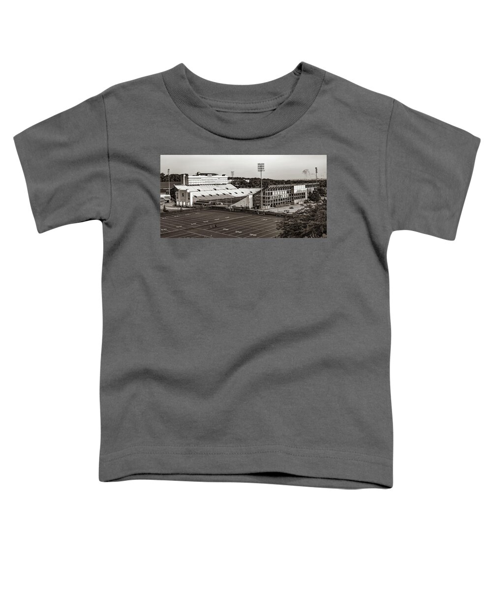 Kansas Jayhawks Toddler T-Shirt featuring the photograph David Booth Kansas Memorial Stadium in Sepia - Jayhawks Football Panorama by Gregory Ballos