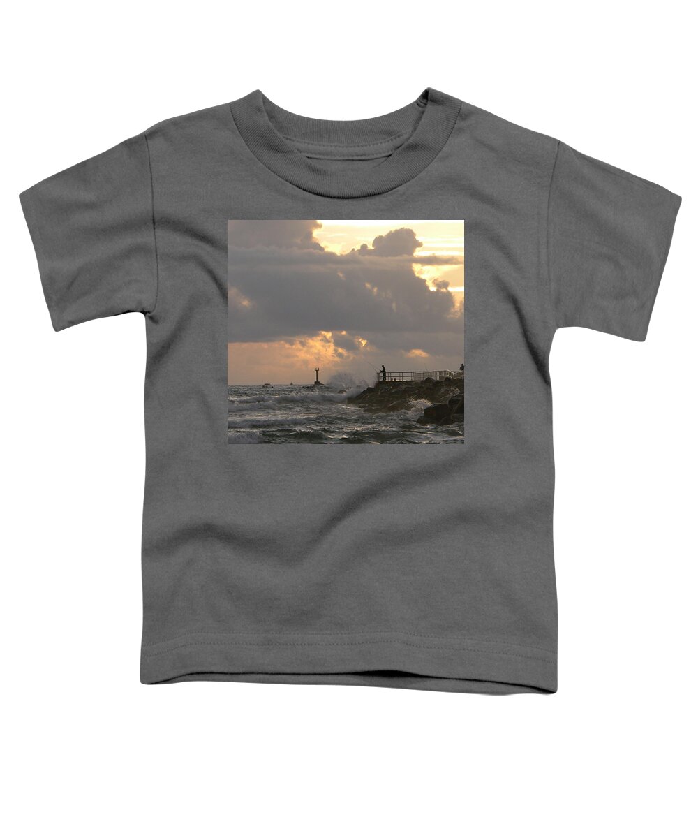 Beautiful Photos Of The Sea Toddler T-Shirt featuring the photograph Dawn at the jetty with fisherman by Julianne Felton