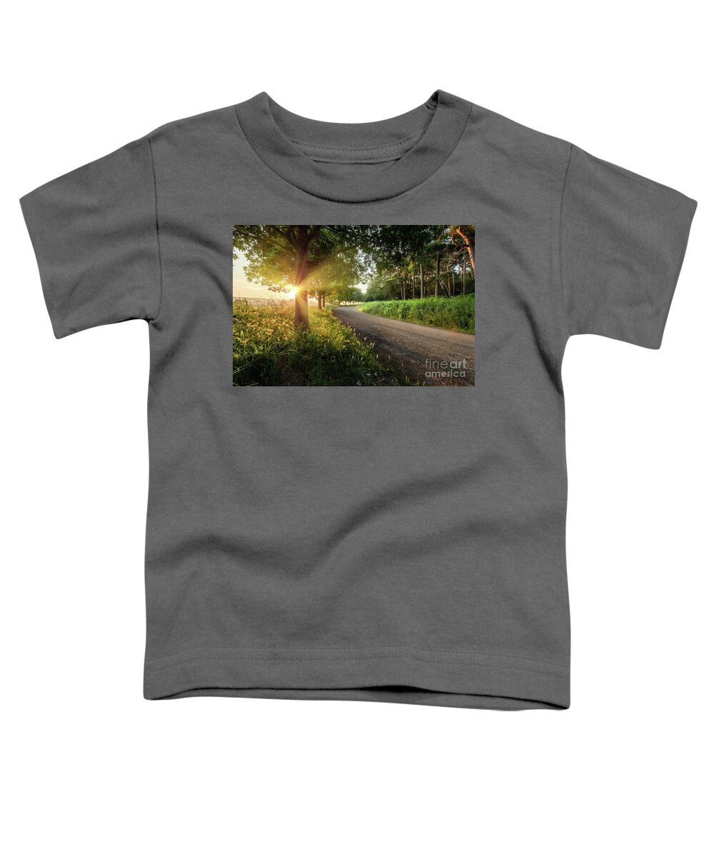 Sunrise Toddler T-Shirt featuring the photograph Dawn sunrise along a Norfolk rural road with trees by Simon Bratt