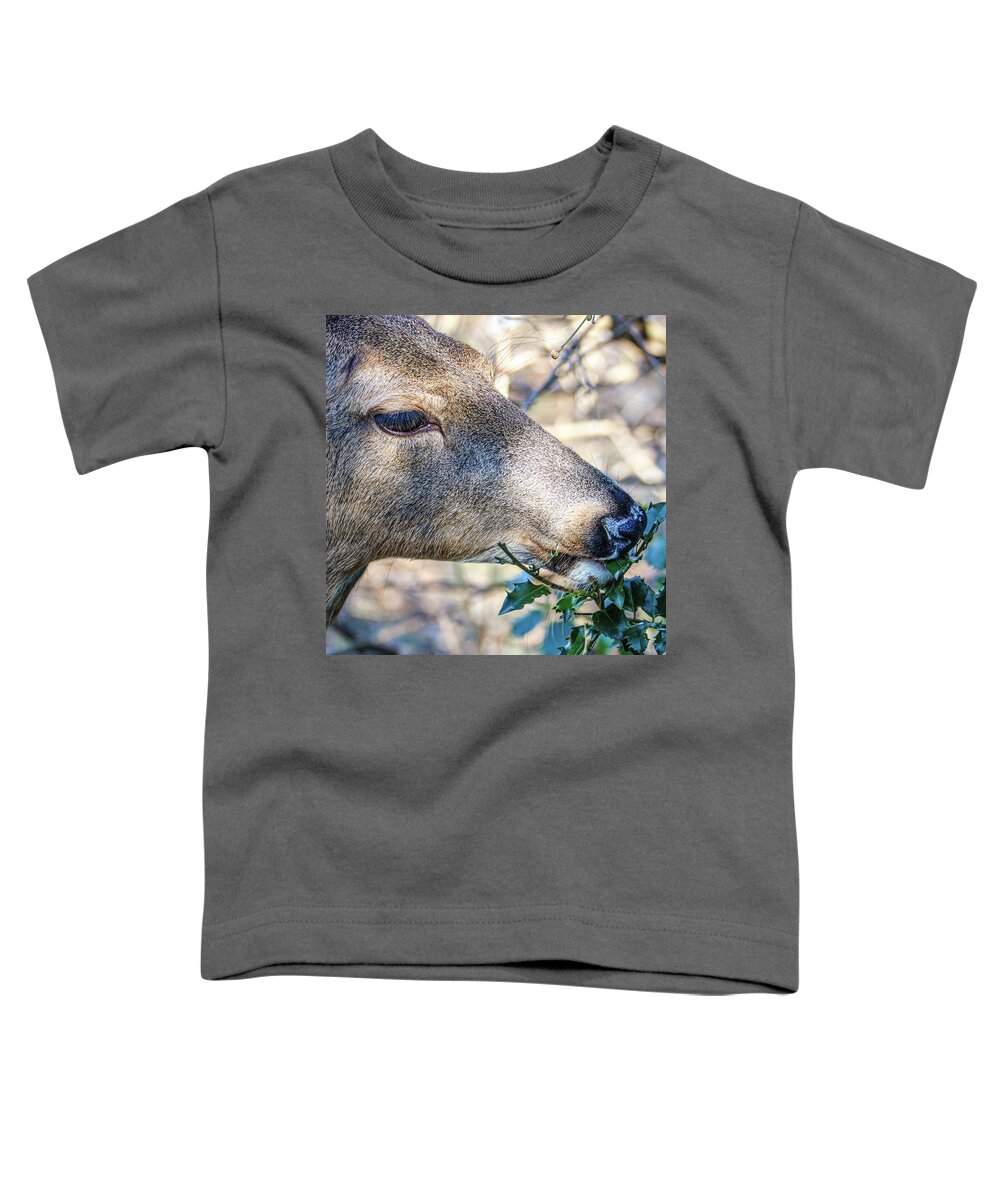 Deer Eye Green Leaves Close Toddler T-Shirt featuring the photograph Deer by John Linnemeyer