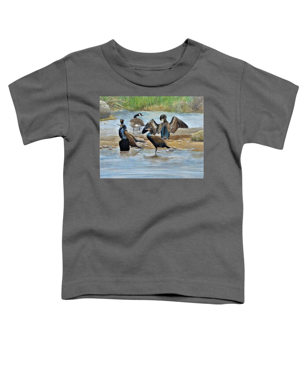 Double-crested Cormorant Toddler T-Shirt featuring the painting Double-crested Cormorants with Canada Goose by Barry Kent MacKay