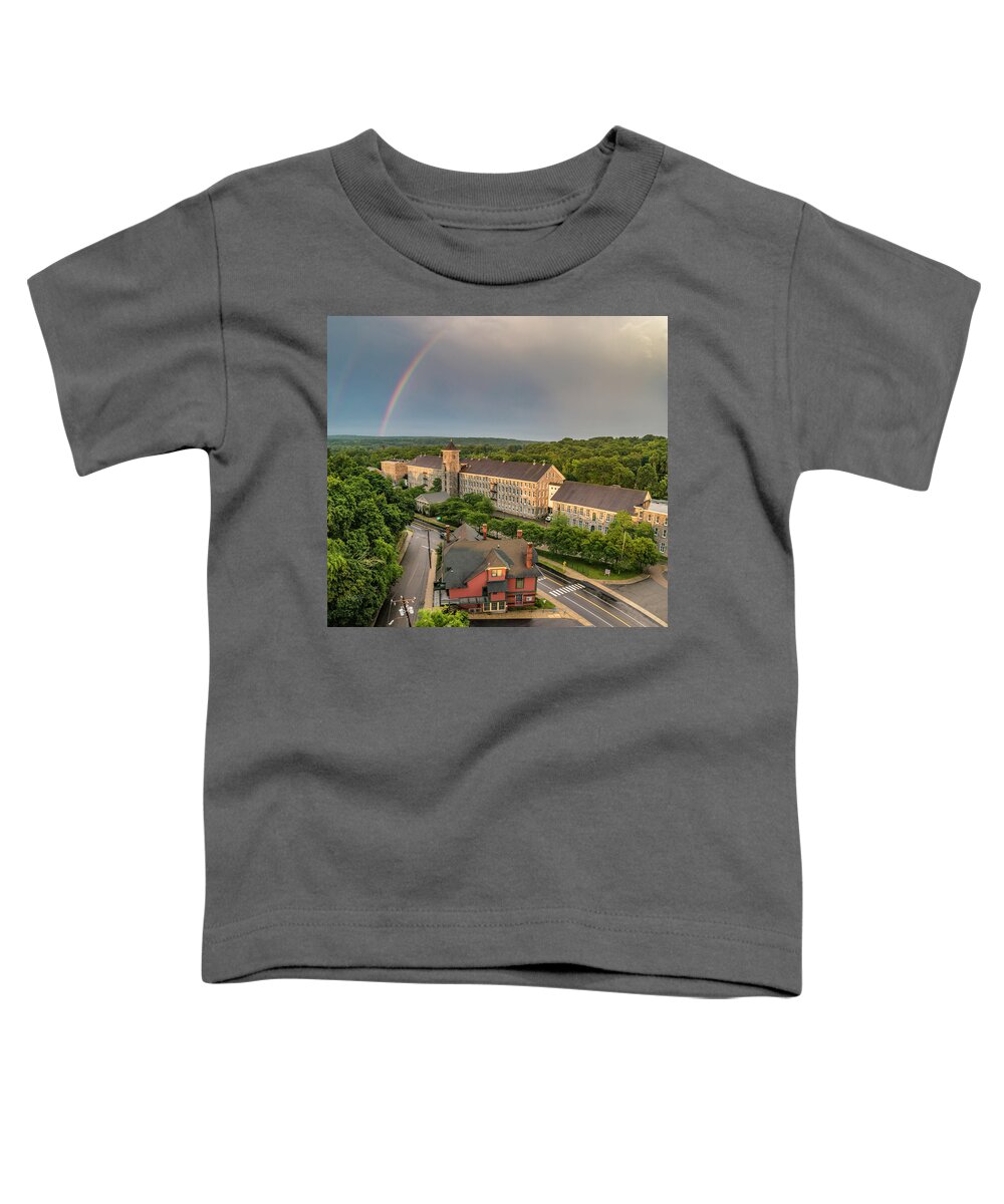 Thread Mill Toddler T-Shirt featuring the photograph Double Rainbow Thread Mill by Veterans Aerial Media LLC