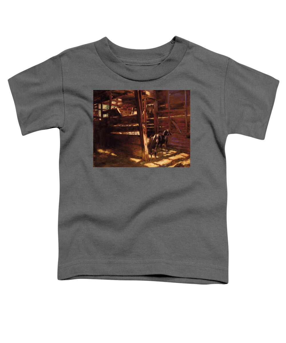 Goats Toddler T-Shirt featuring the painting Double Trouble in the Barn by Susan Blackwood