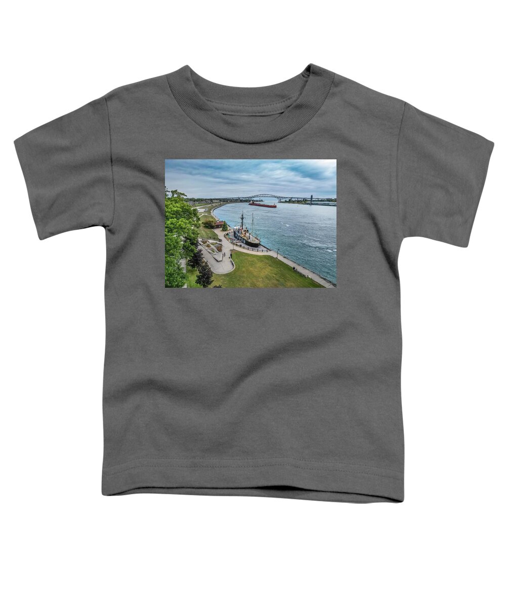 Ohana Toddler T-Shirt featuring the photograph Down bound freighter under the Blue Water Bridge DJI_0259 by Michael Thomas