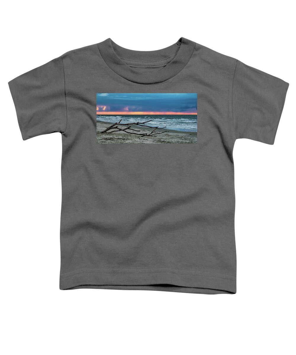 Sunrise Toddler T-Shirt featuring the photograph Driftwood and Stormy Seas Panoramic by Mary Ann Artz