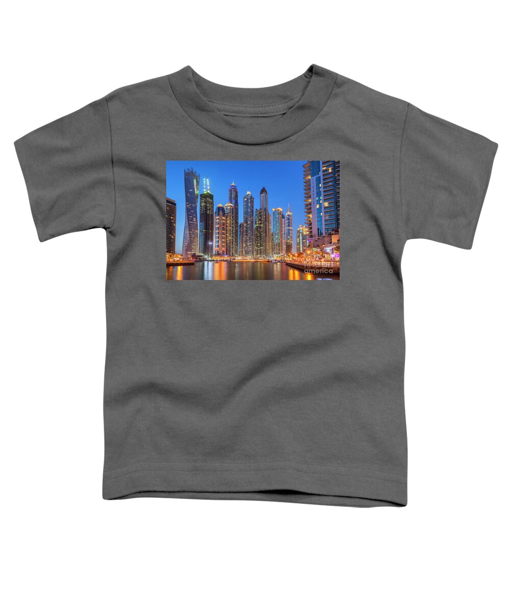 Dubai Skyline Night Toddler T-Shirt featuring the photograph Dubai Marina Skyline at night by Neale And Judith Clark